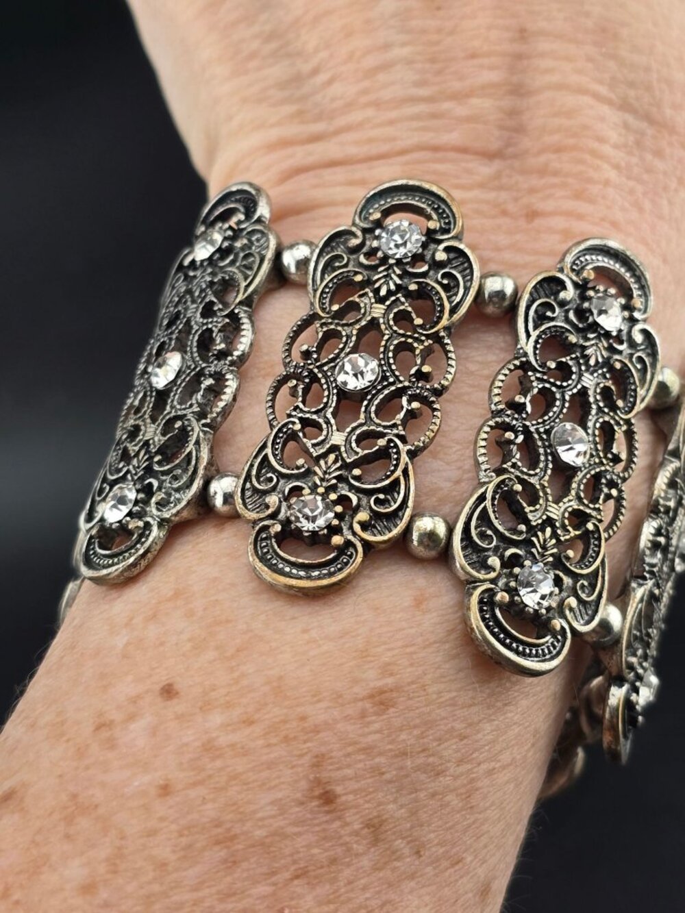 Gold and silver tone filigree Stretch Bracelet Rhinestone 6.25"- larger - Picture 3 of 8